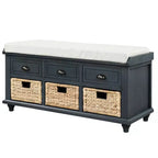Banc de rangement rustique avec 3 tiroirs et 3 paniers en rotin