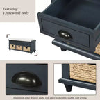 Banc de rangement rustique avec 3 tiroirs et 3 paniers en rotin