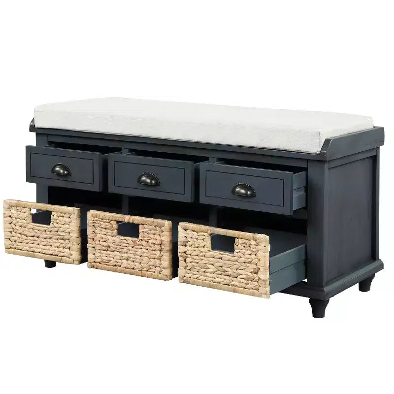 Banc de rangement rustique avec 3 tiroirs et 3 paniers en rotin
