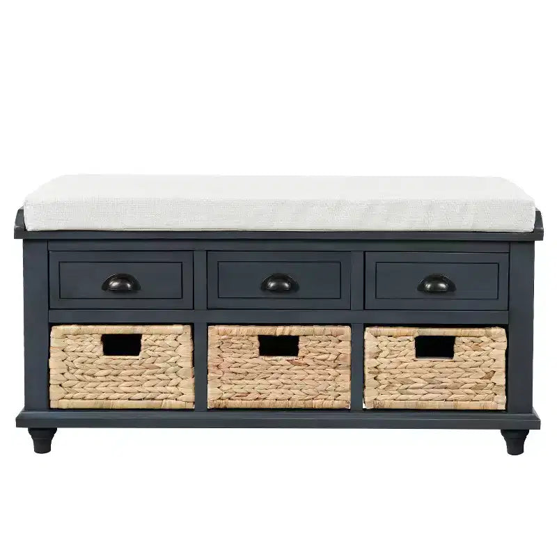 Banc de rangement rustique avec 3 tiroirs et 3 paniers en rotin