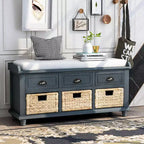 Rustic Storage Bench with 3 Drawers and 3 Rattan Baskets-ModernLuxe