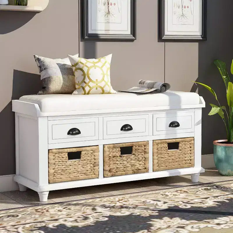 Banc de rangement rustique avec 3 tiroirs et 3 paniers en rotin